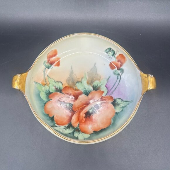 Antique Hand Painted Porcelain Bowl Poppy Red Flowers Gold Gilt Beyer & Boch - Picture 2 of 11